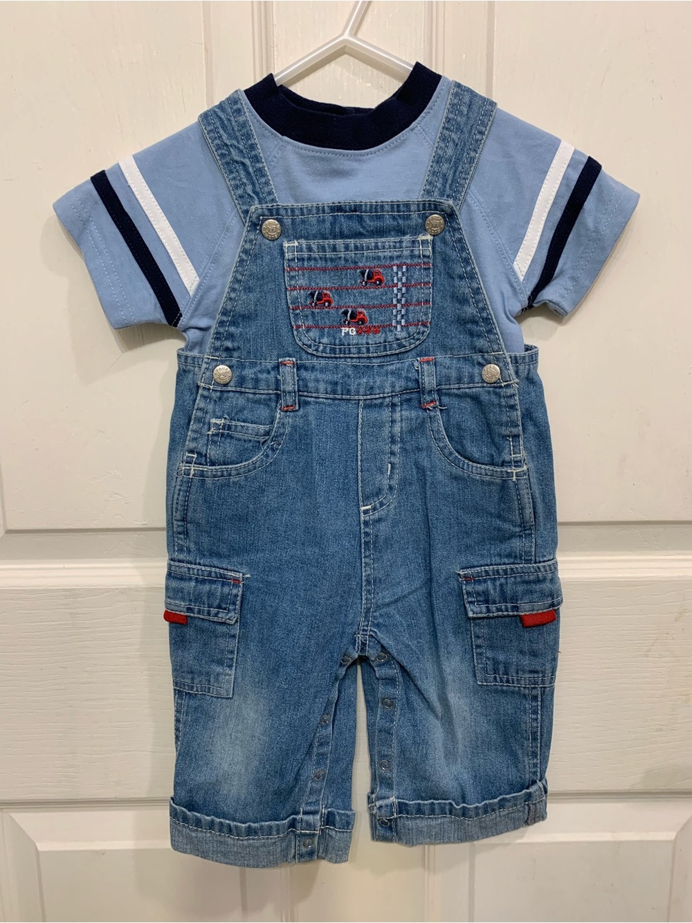 Baby Boys Faded Glory Denim Overalls with Light Blue Navy T-Shirt 3893